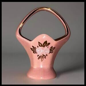Vintage NOR-SO Pink Ceramic Basket 22k Gold Floral Trim, Alabama Pottery